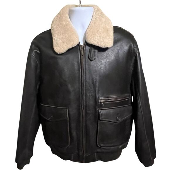 Vtg Aviator Leather Bomber Jacket/Coat Wool Collar Lg Dark Brown Flight Pilot - Picture 1 of 11